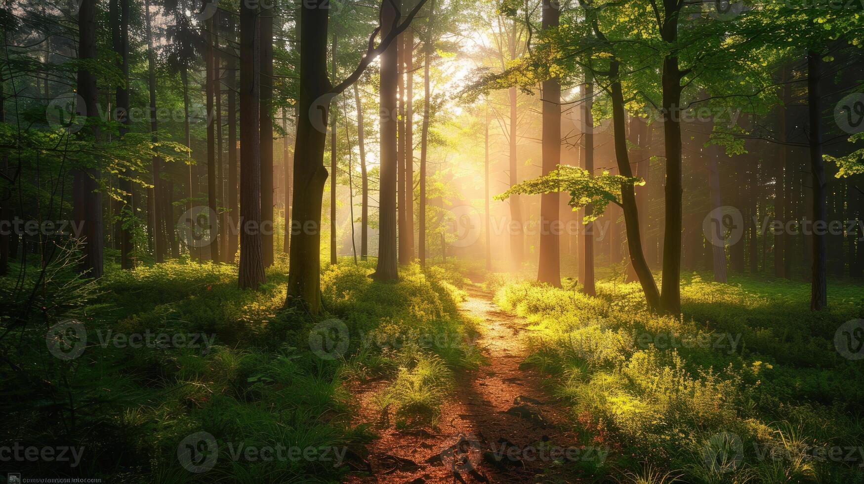The Sunbeams Through Misty Forest Path photo