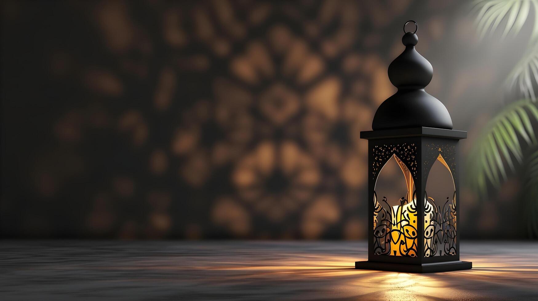 Silhouette of Moroccan lantern with burning candle. Festive greeting card, space for writing on the right photo