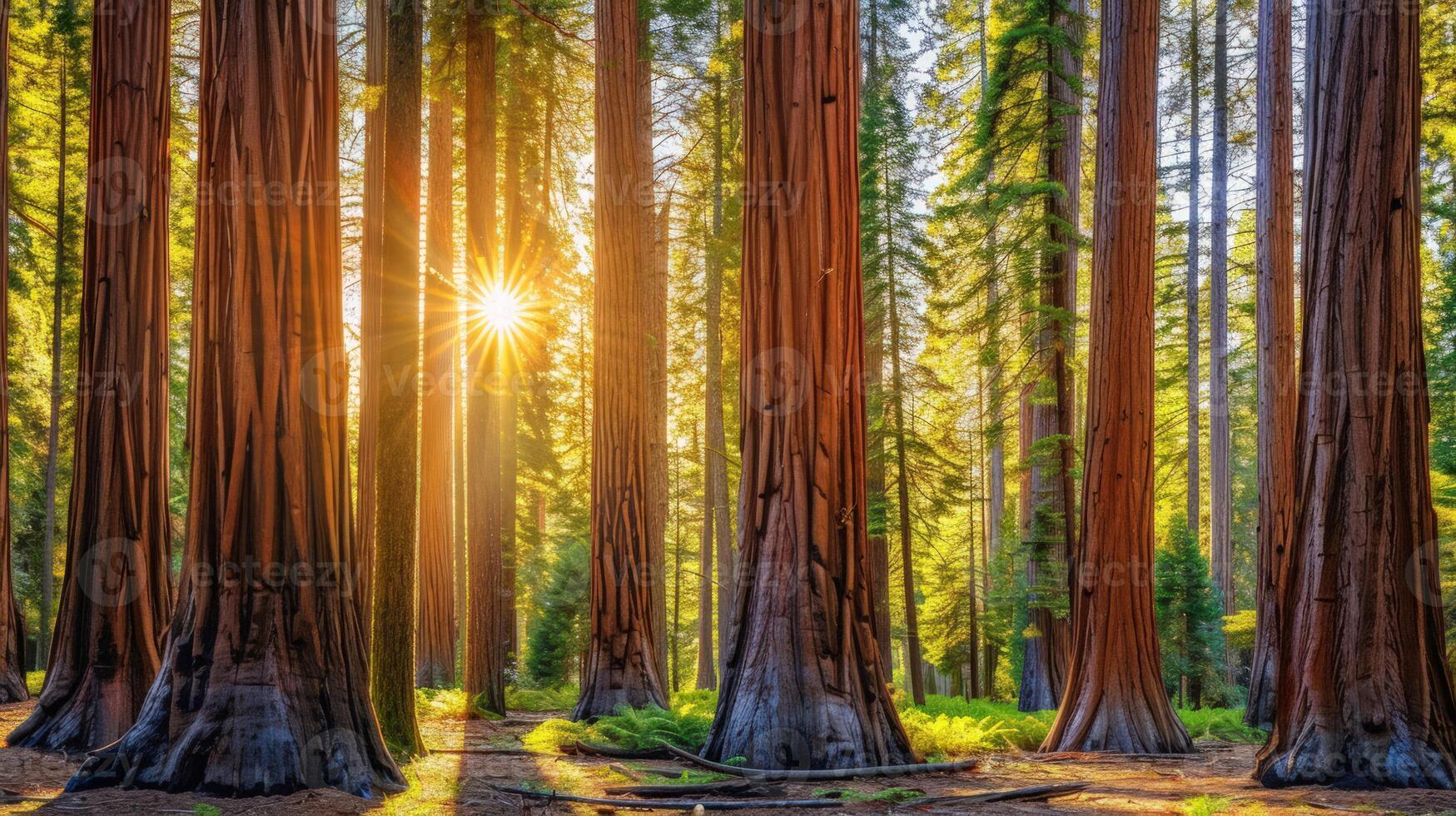 Sunlight Filtering Through Giant Redwood Trees photo