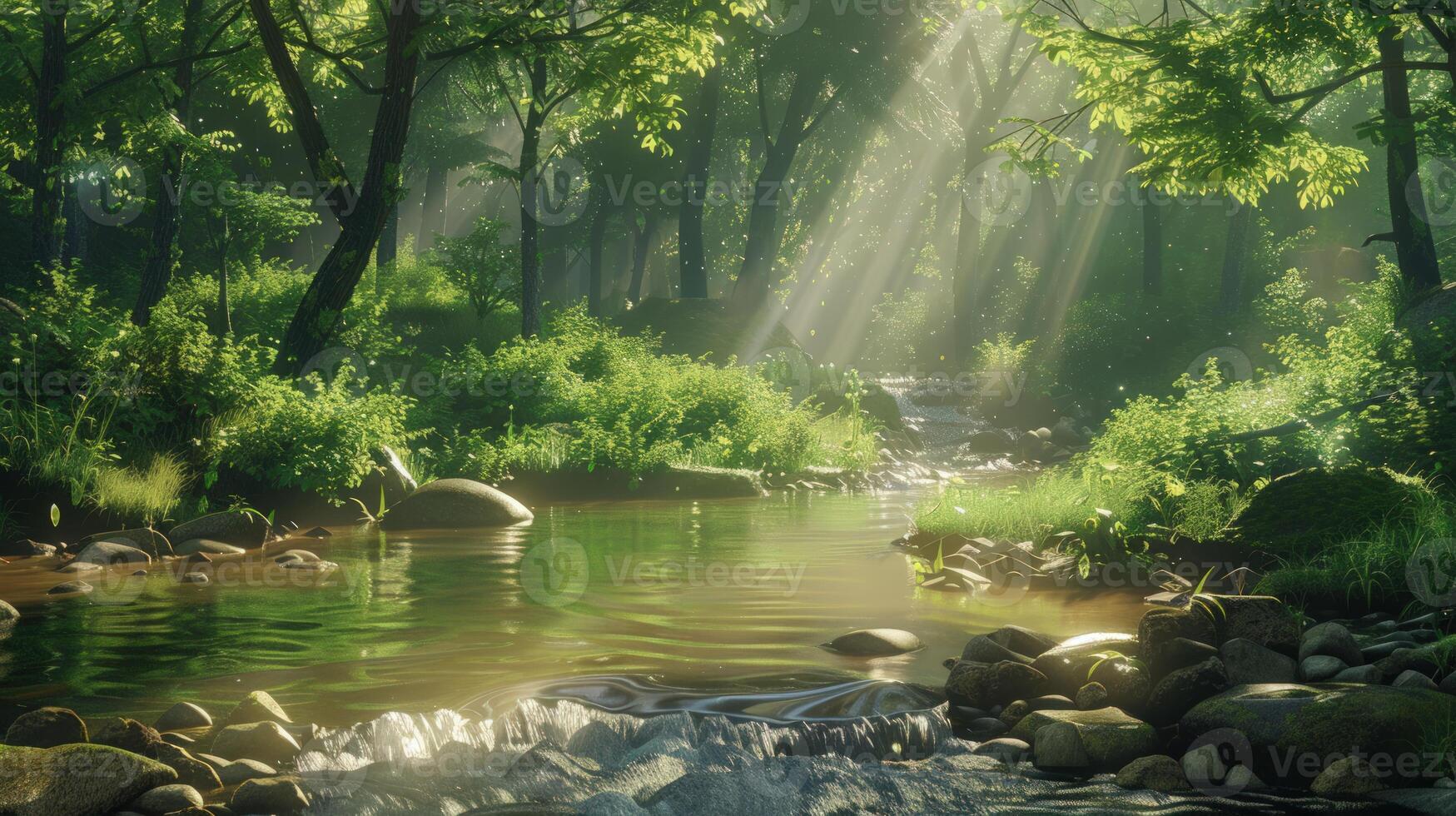 Sunbeams Through a Tranquil Forest Stream photo