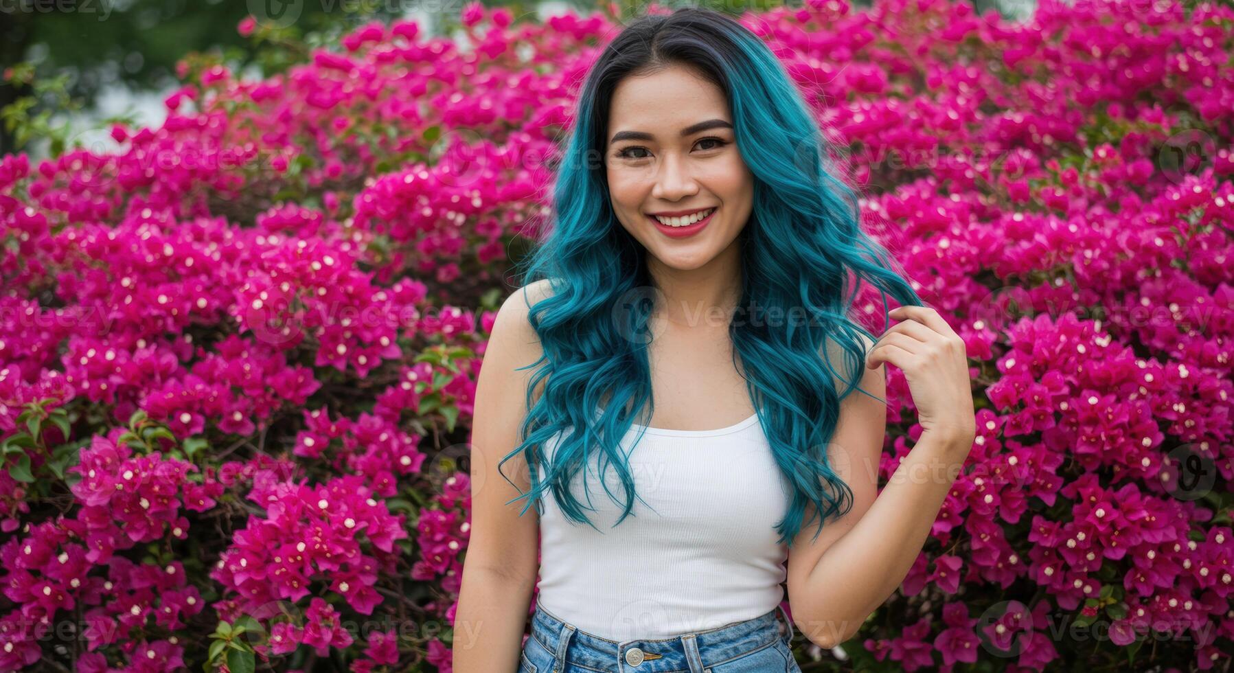 Cheerful Thai Woman with Blue Hair and White Top Surrounded by Pink Blossoms photo