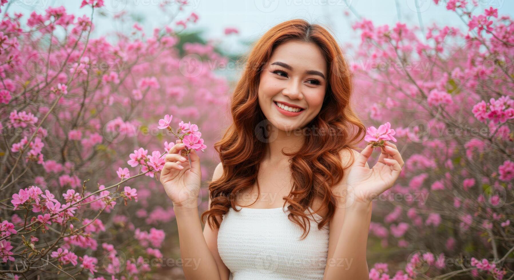 Thai Woman with Curly Red Hair in White Top Enjoying Blooming Garden photo