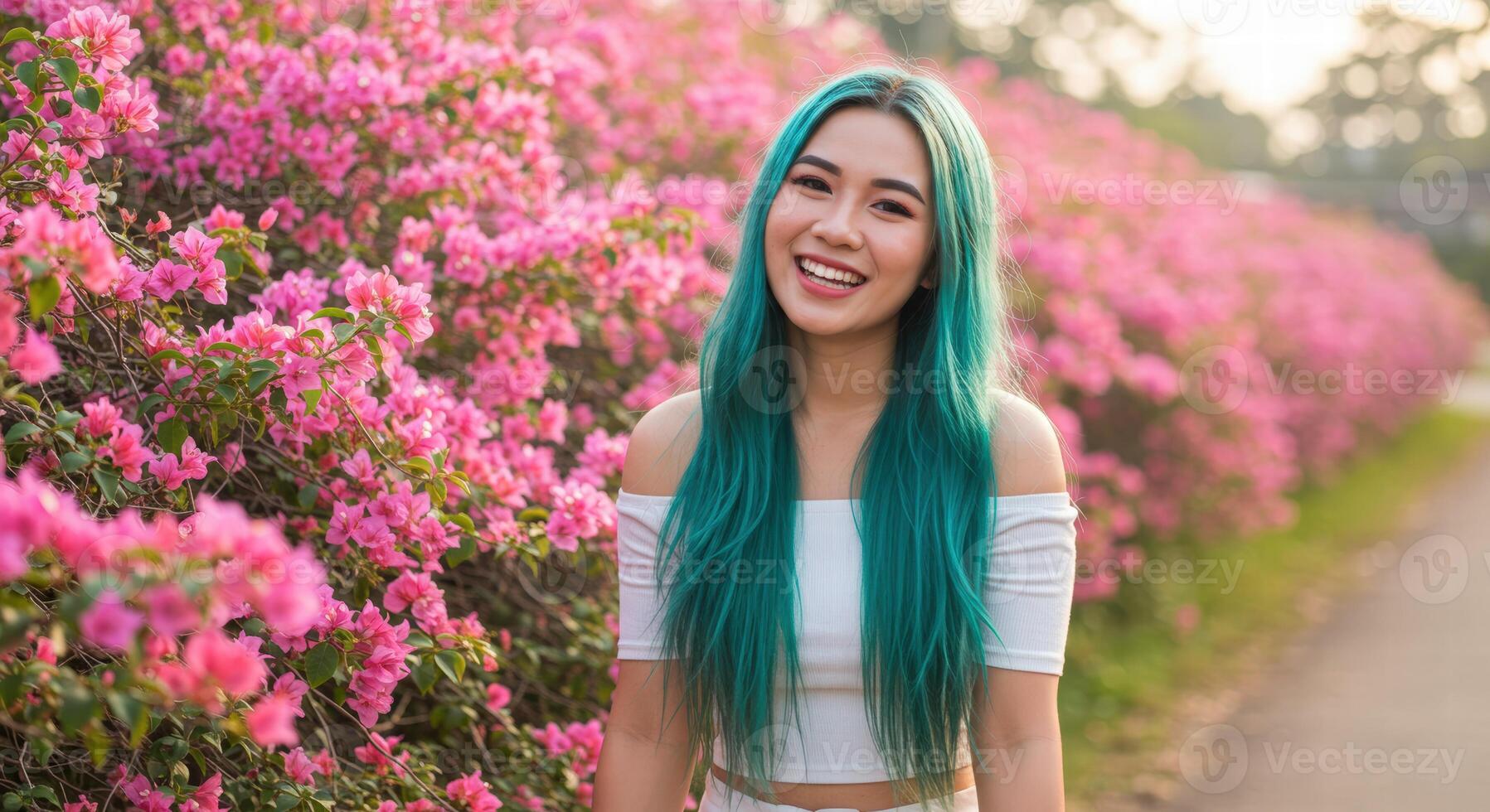 Smiling Thai Woman with Blue Hair in White Top in Natural Pink Flower Setting photo