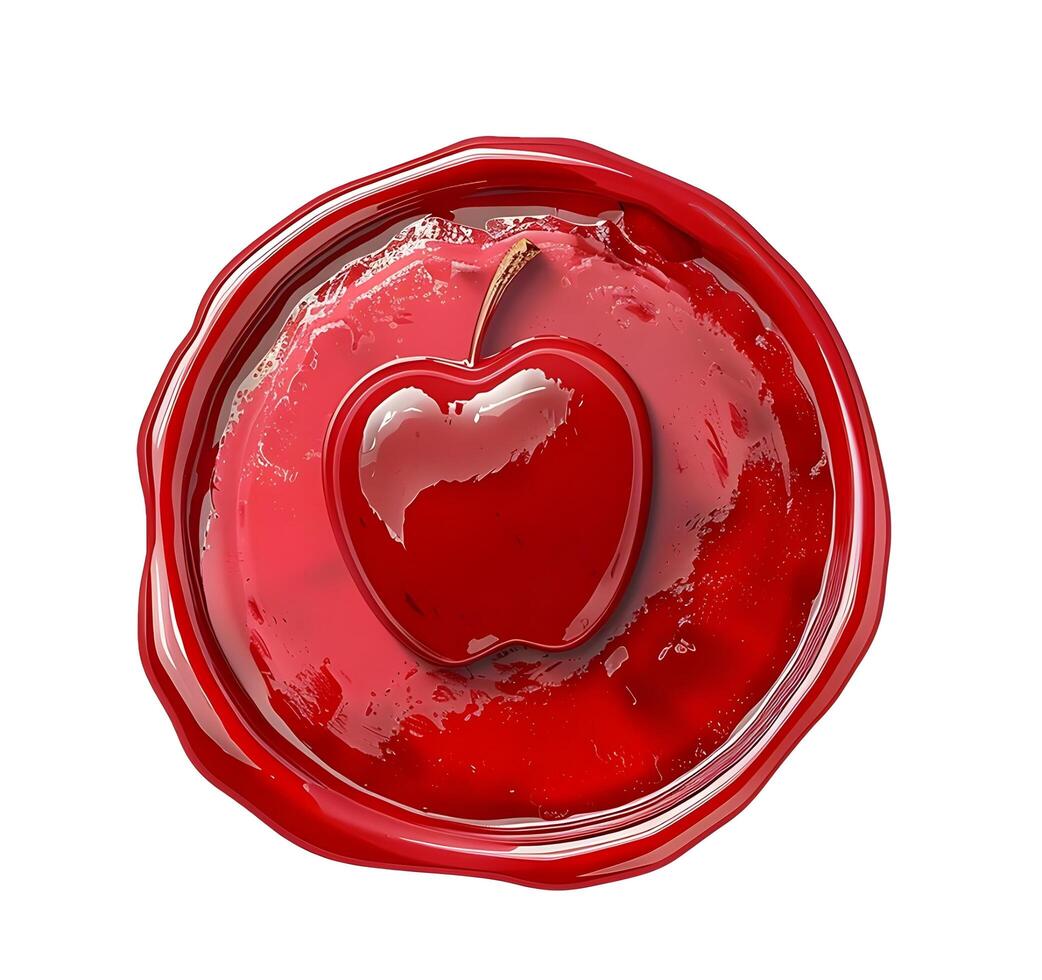 A wax seal, clipart of a red circle with the shape of an apple on white background, no shadows photo