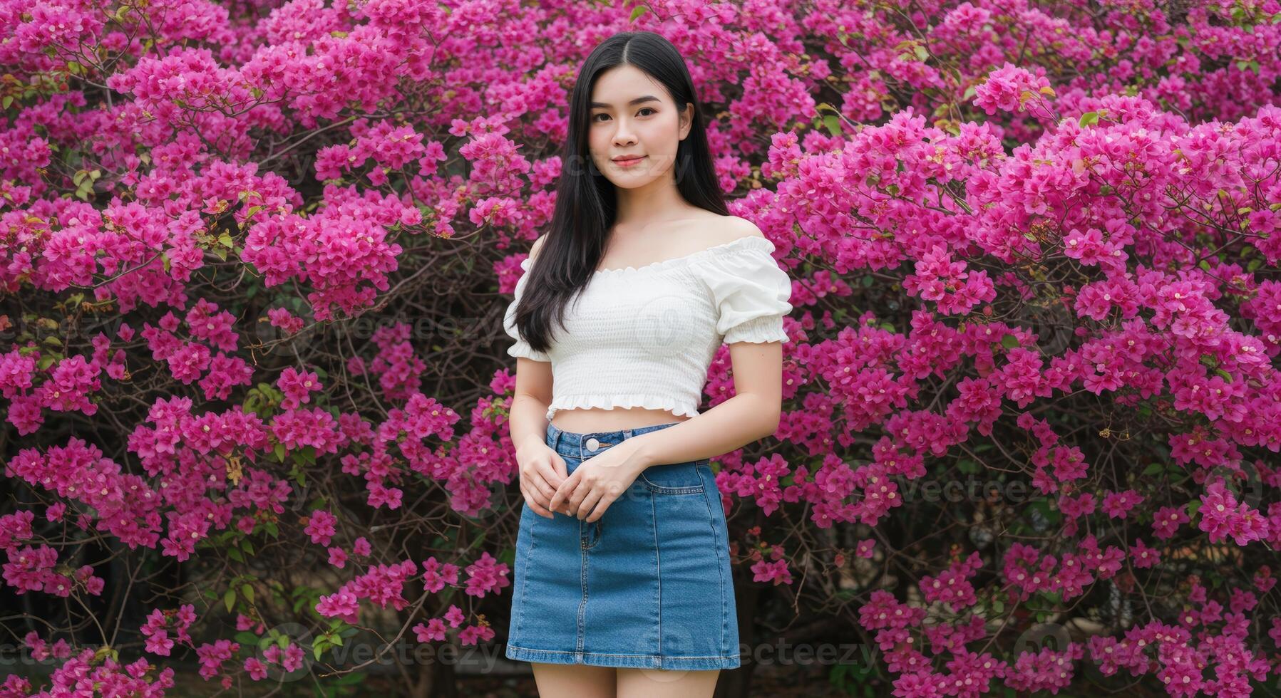 Thai Woman with Black Hair in White Top Surrounded by Vibrant Pink Flowers photo