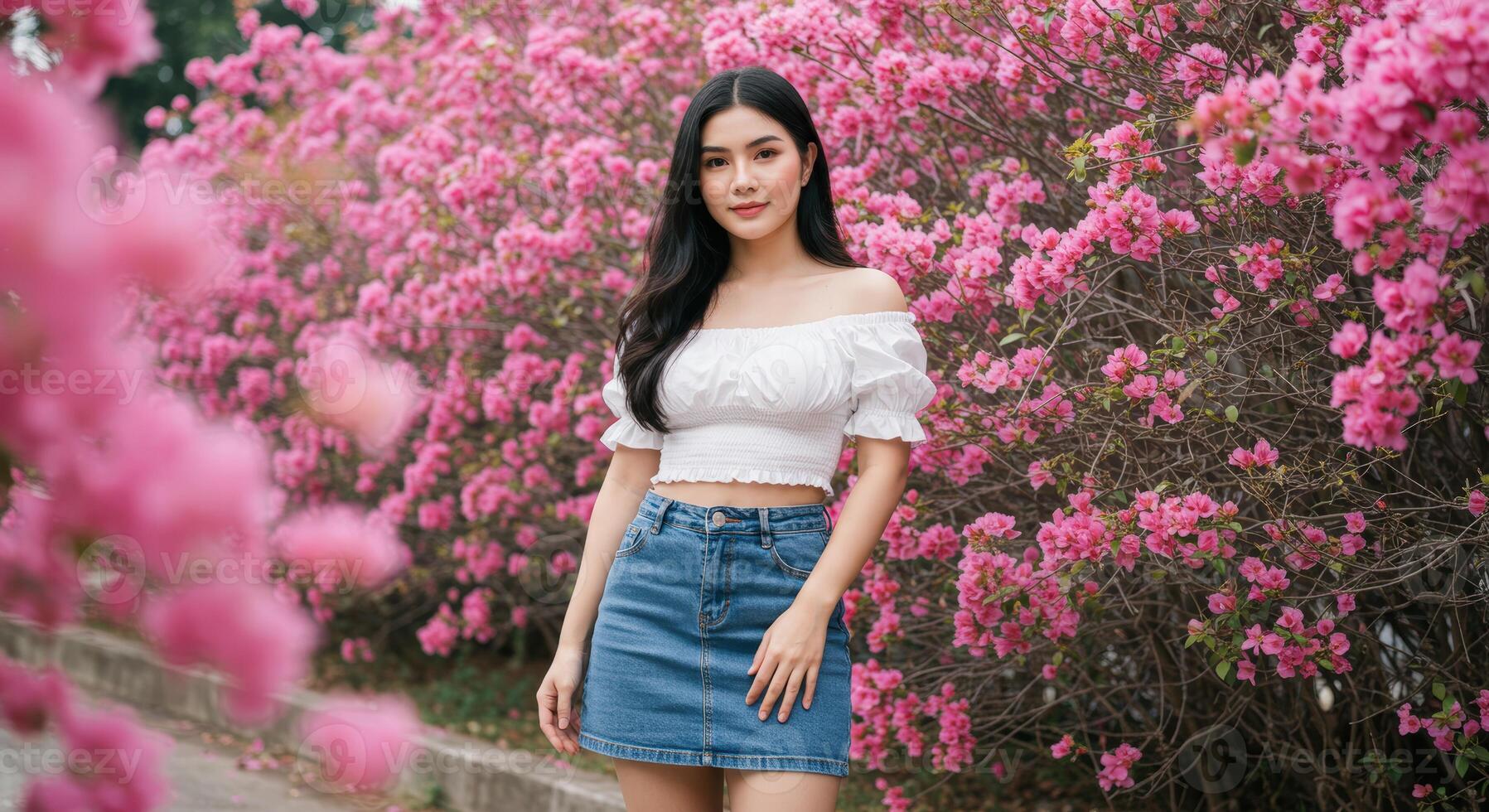 Thai Woman with Black Hair in White Top Amidst Blooming Pink Blossoms photo