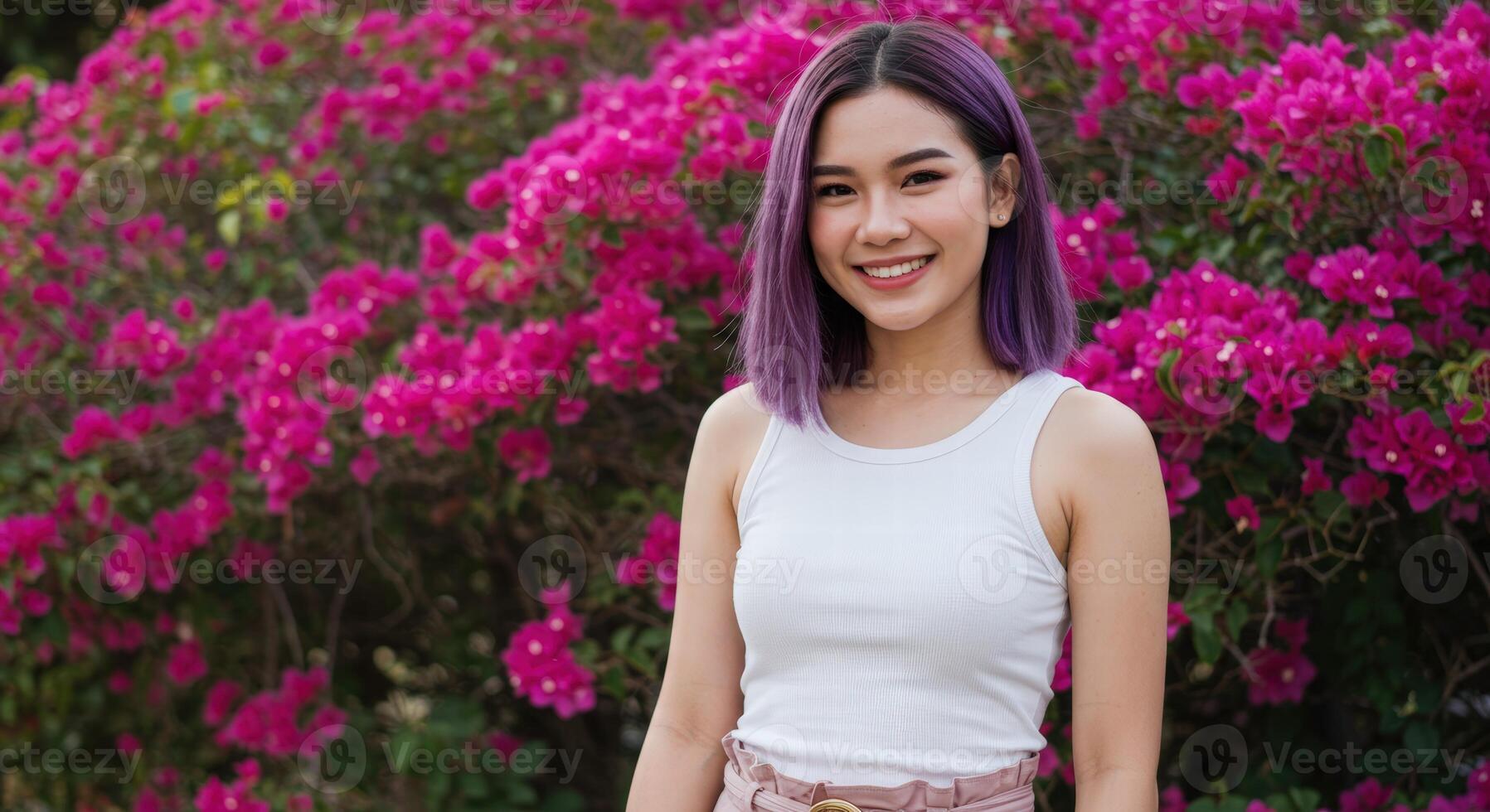 Thai Woman with Purple Hair in White Top Posing in Vibrant Pink Garden photo
