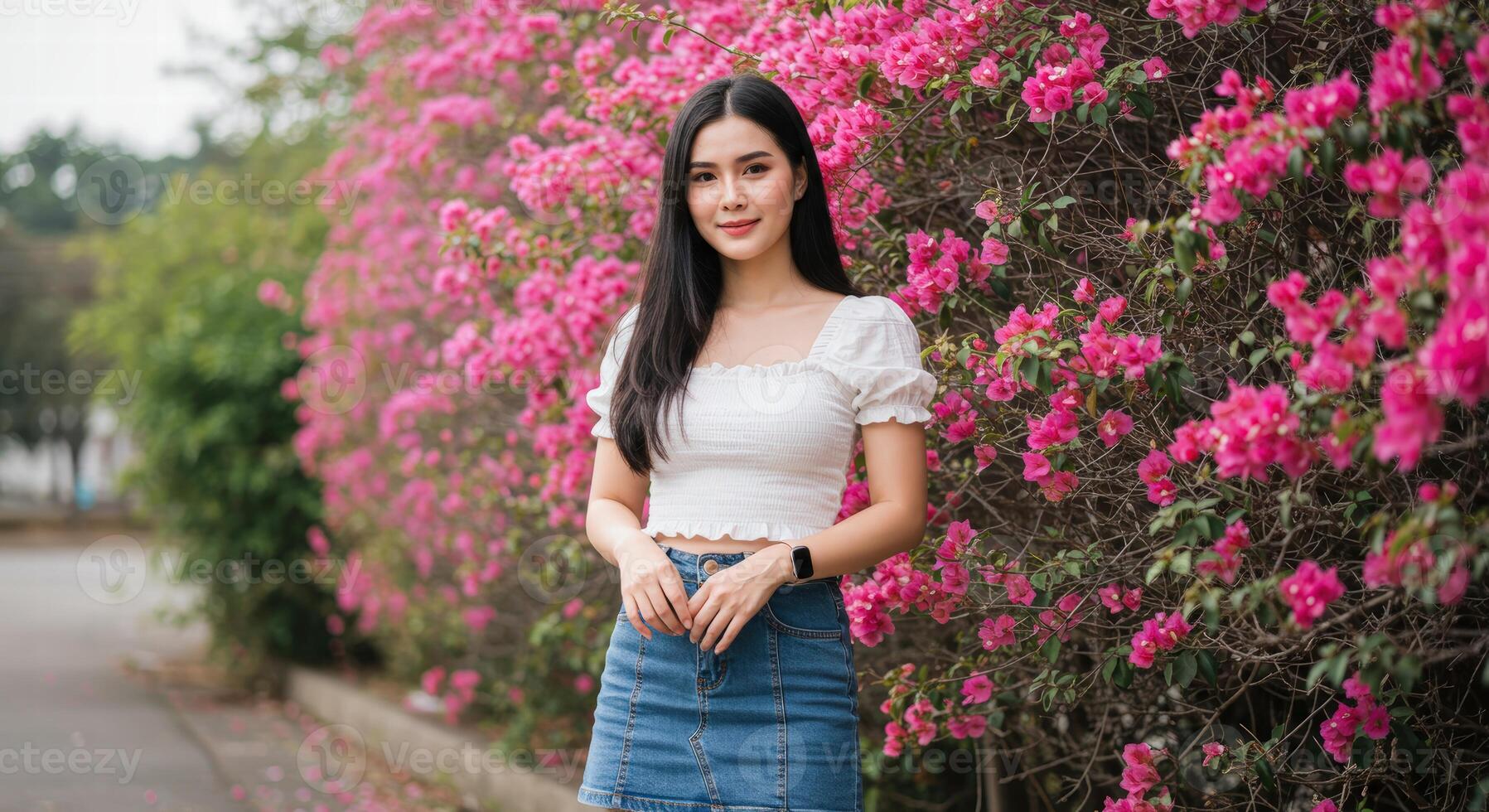 Elegant Thai Woman with Black Hair in White Top Posing in Floral Background photo
