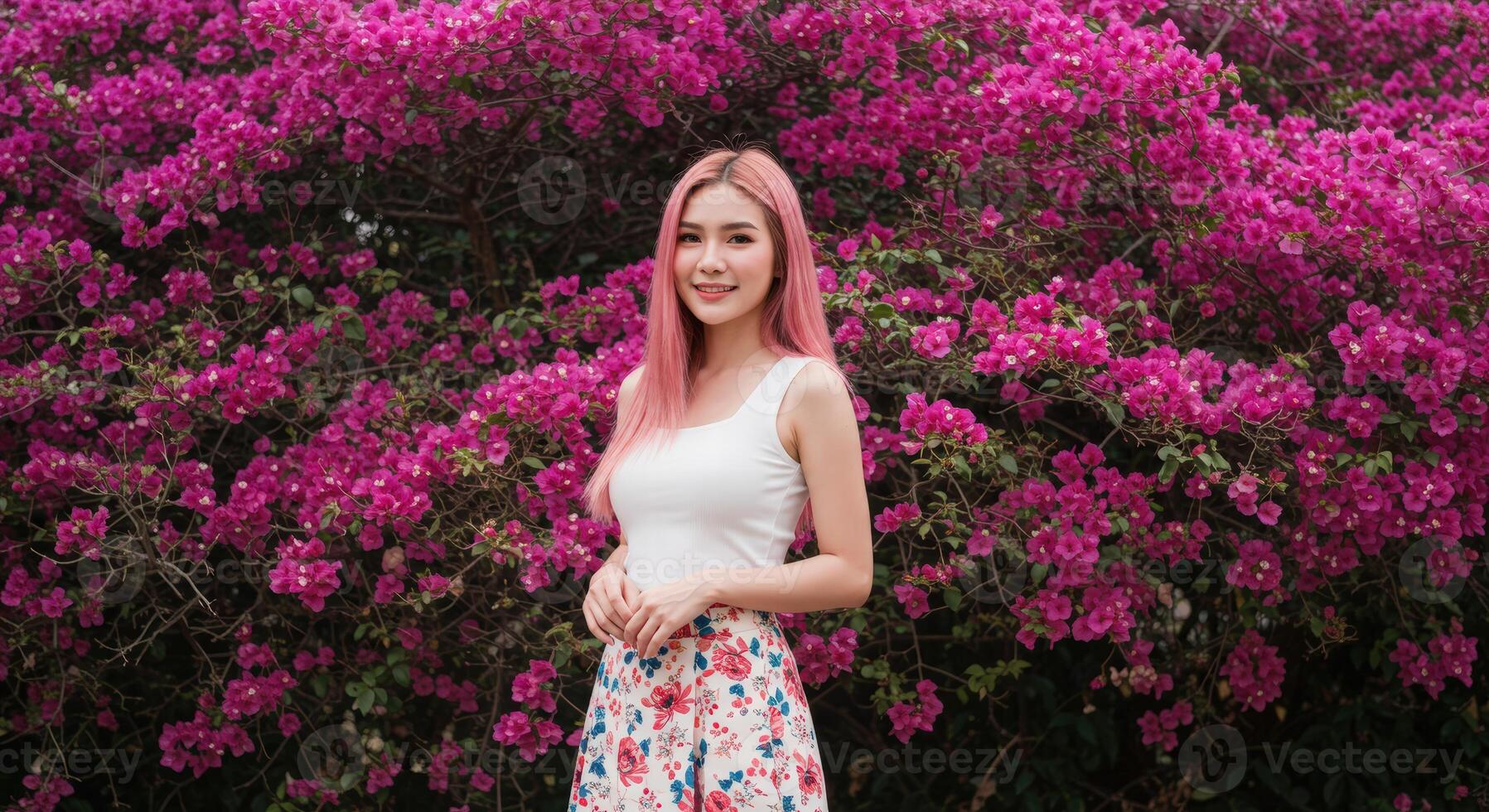 Thai Woman with Blonde Hair in White Top Posing in Colorful Flower Garden photo