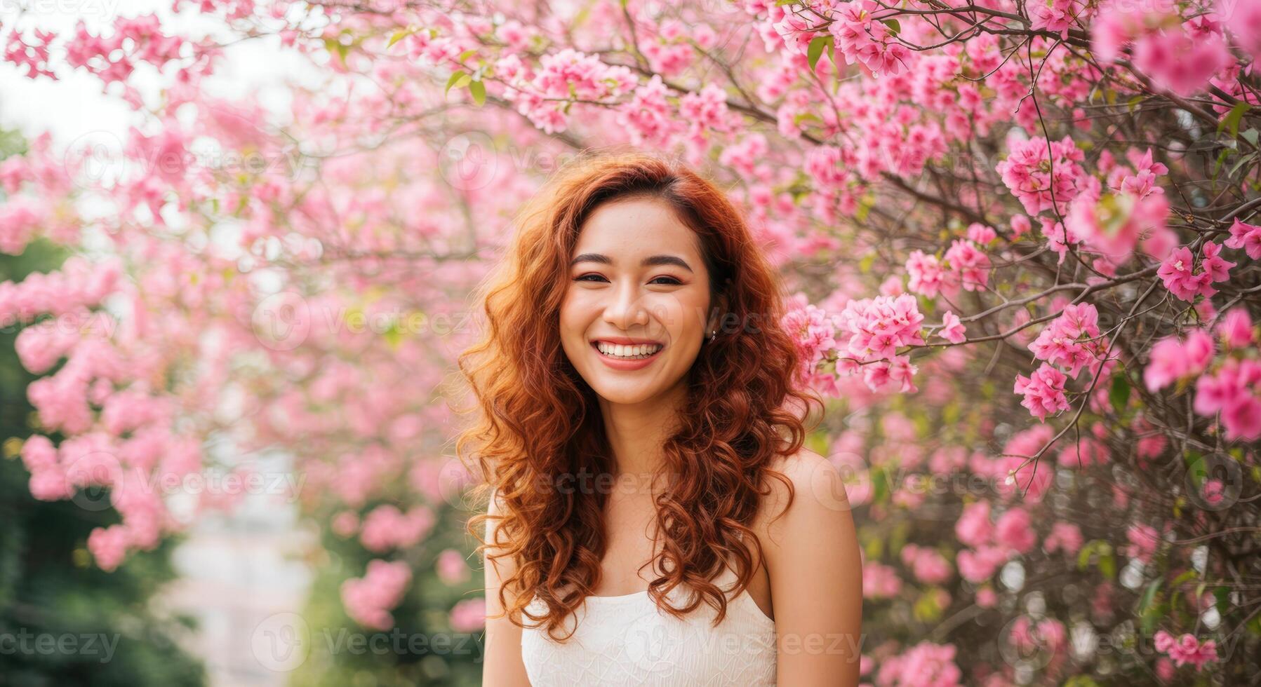 Smiling Thai Woman with Curly Red Hair in White Top in Flower Field photo