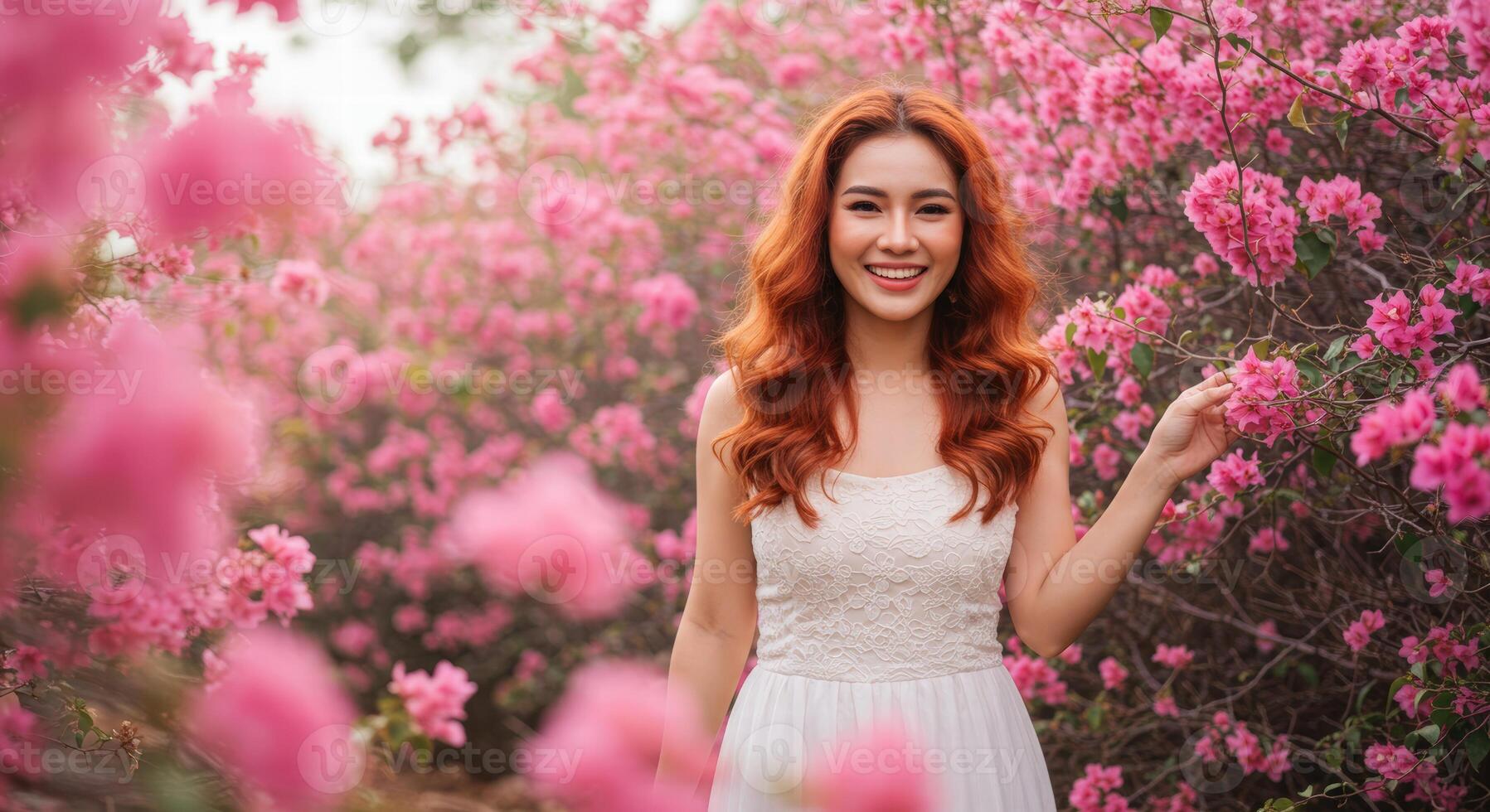 Thai Woman with Curly Red Hair in White Top Amidst Blooming Pink Flowers photo