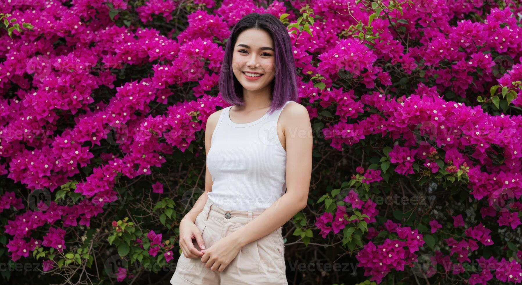 Thai Woman with Black Hair in White Top Surrounded by Blooming Pink Garden photo