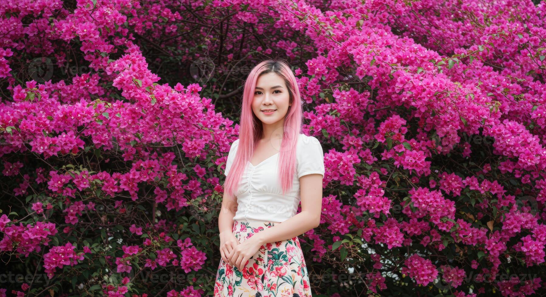 Thai Woman with Pink Hair in White Top Surrounded by Blooming Floral Landscape photo