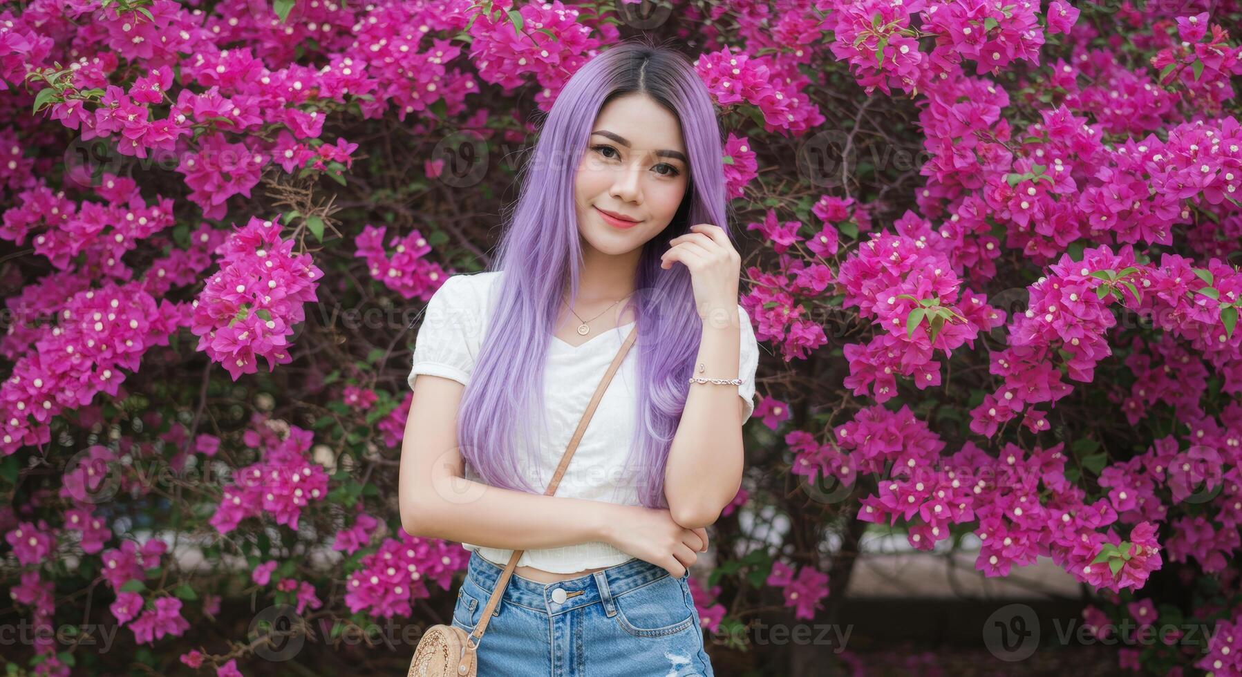 Thai Woman with Purple Hair in White Top Surrounded by Vibrant Pink Flowers photo