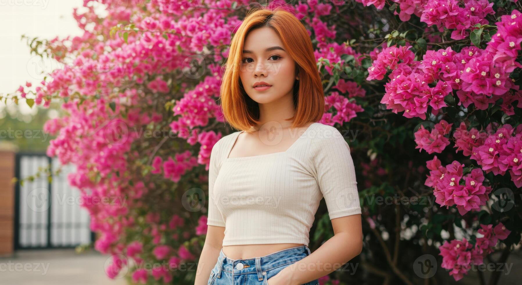 Thai Woman with Short Blonde Hair in White Top in Tranquil Flower Garden photo
