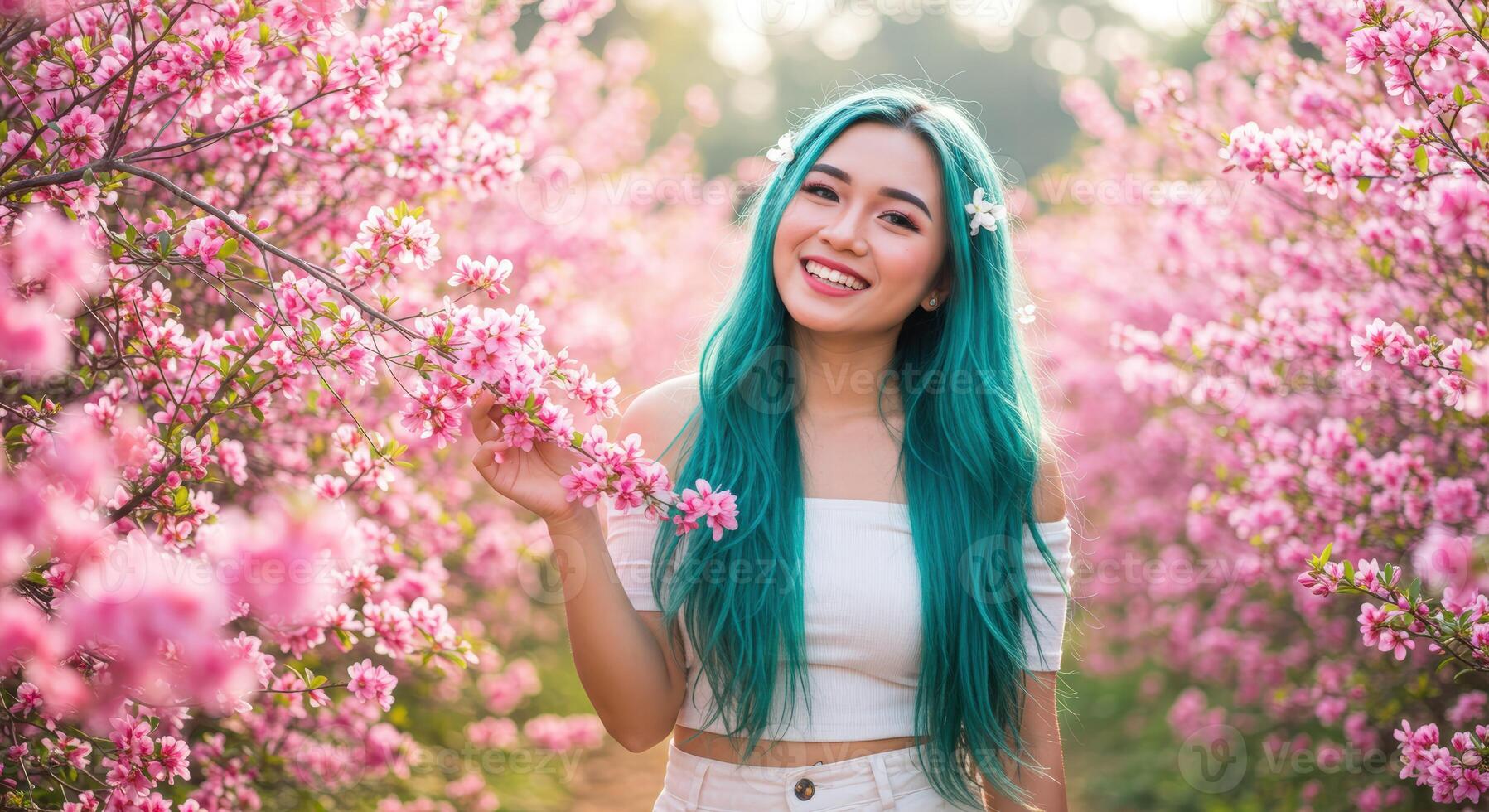 Happy Thai Woman with Blue Hair in White Top Amongst Pink Floral Scenery photo