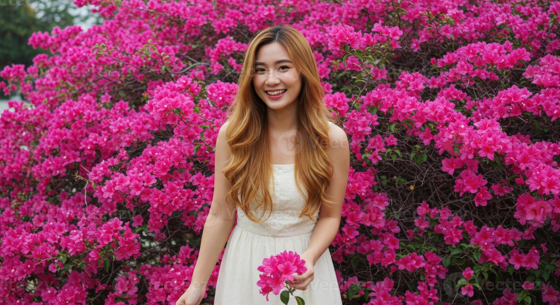 Thai Woman with Long Blonde Hair in White Top Surrounded by Pink Flowers photo