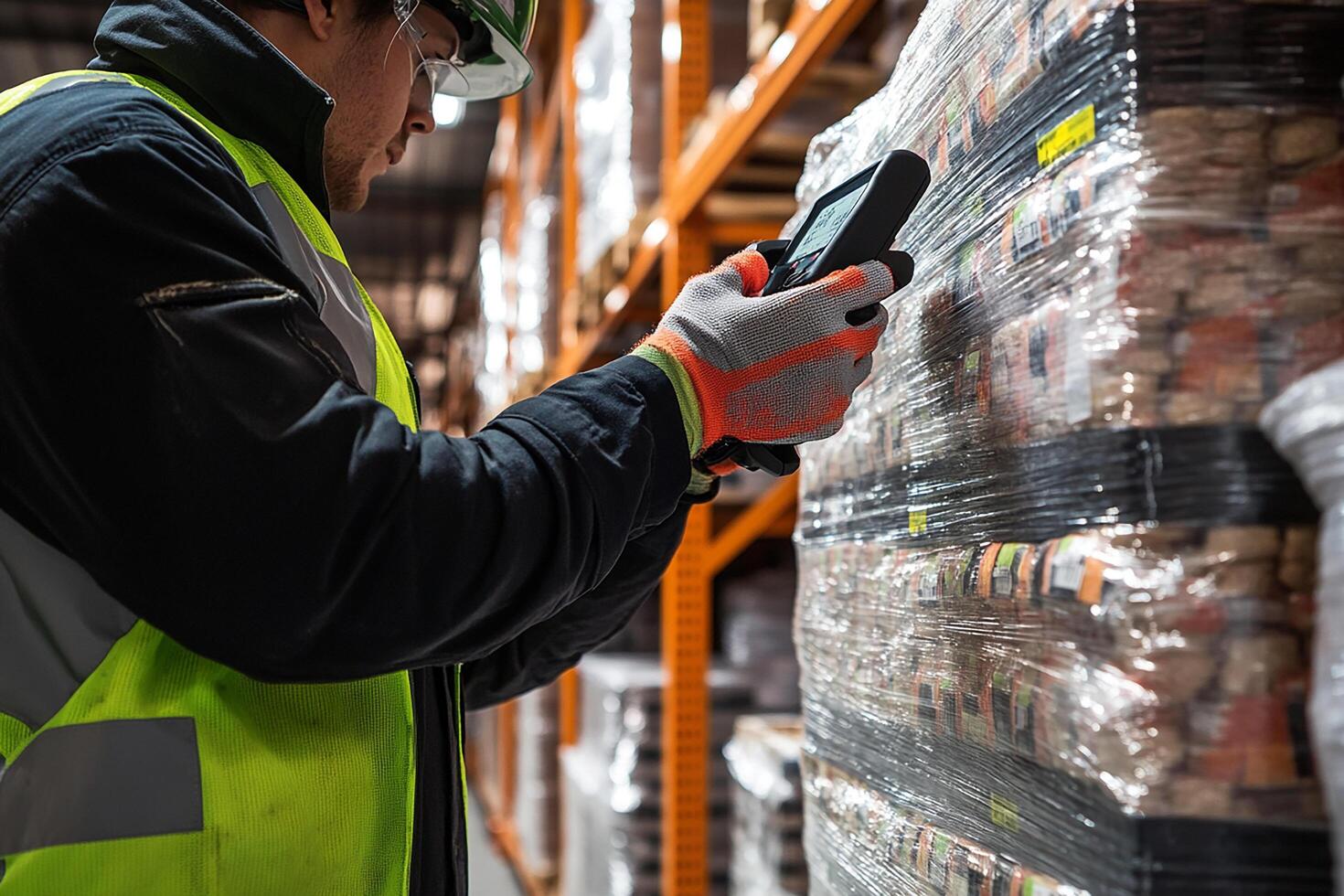 A worker in a warehouse using a handheld scanner photo