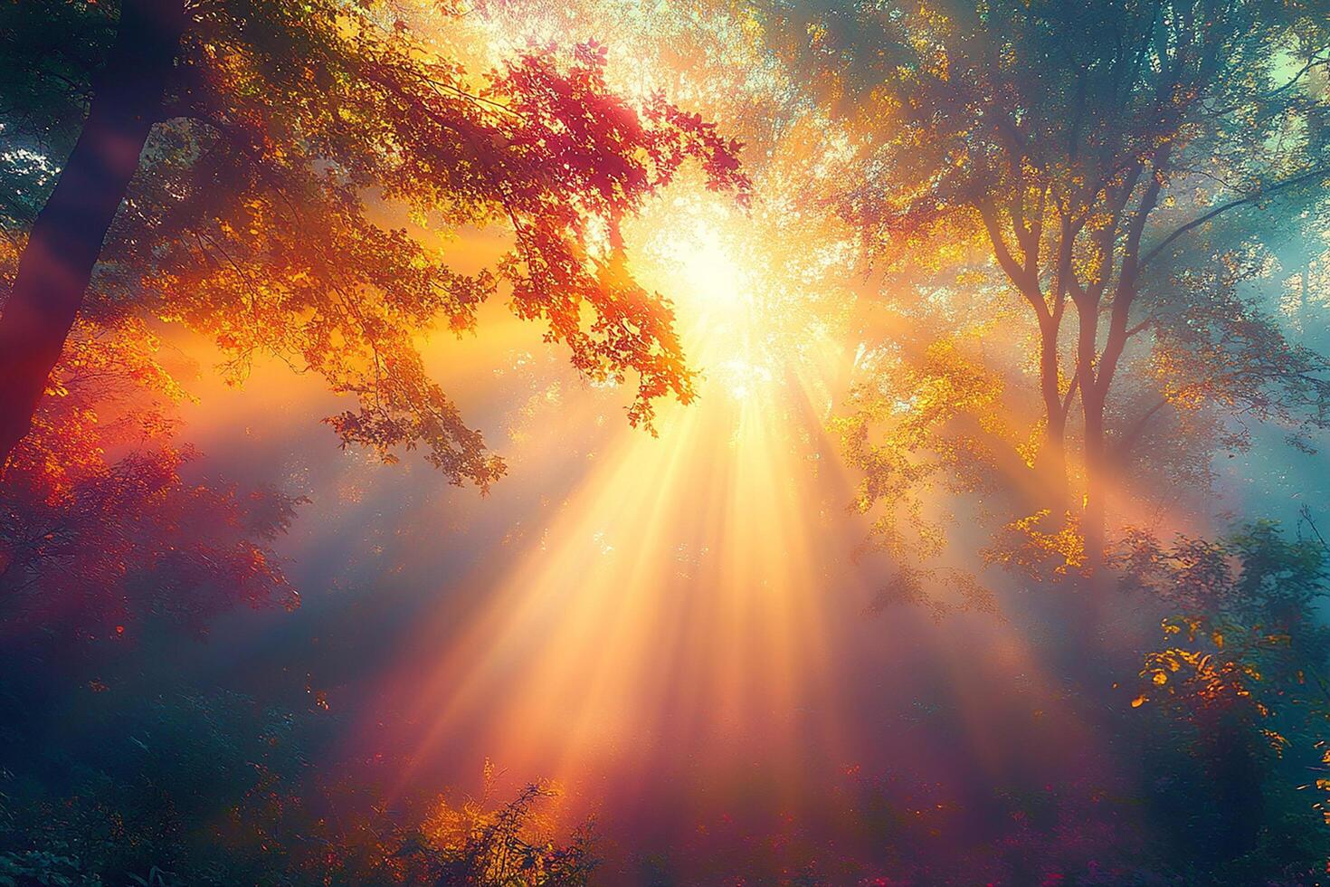 Sunbeams shining through the trees in a forest photo