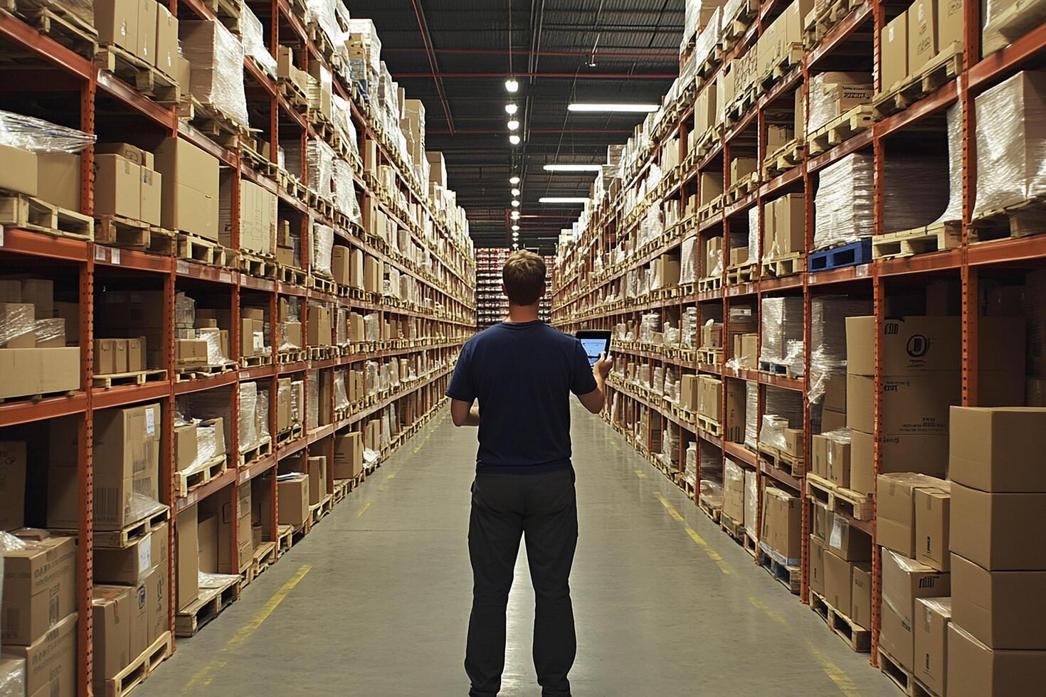 A man standing in a warehouse aisle with boxes photo