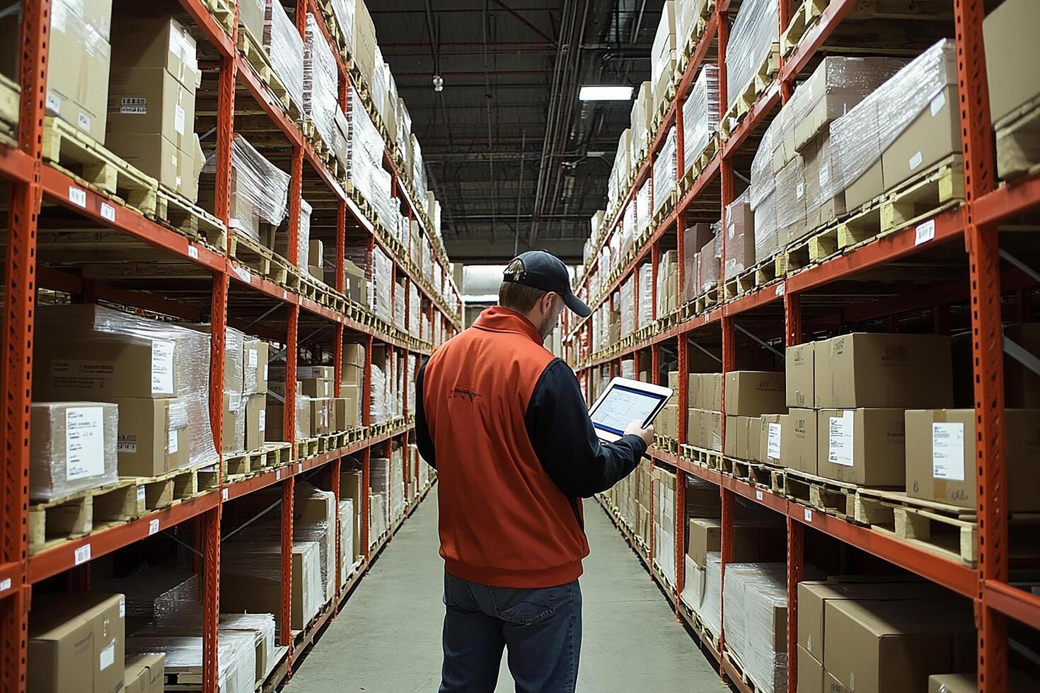 A man in an orange shirt is standing in a warehouse with a tablet photo