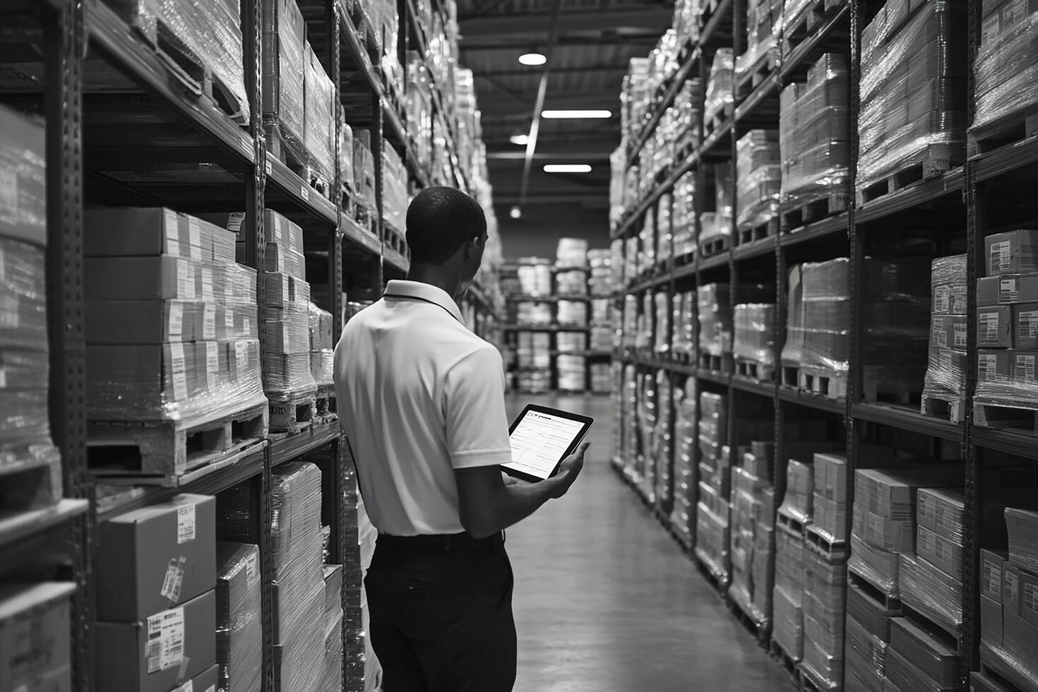 A man standing in a warehouse with a tablet photo