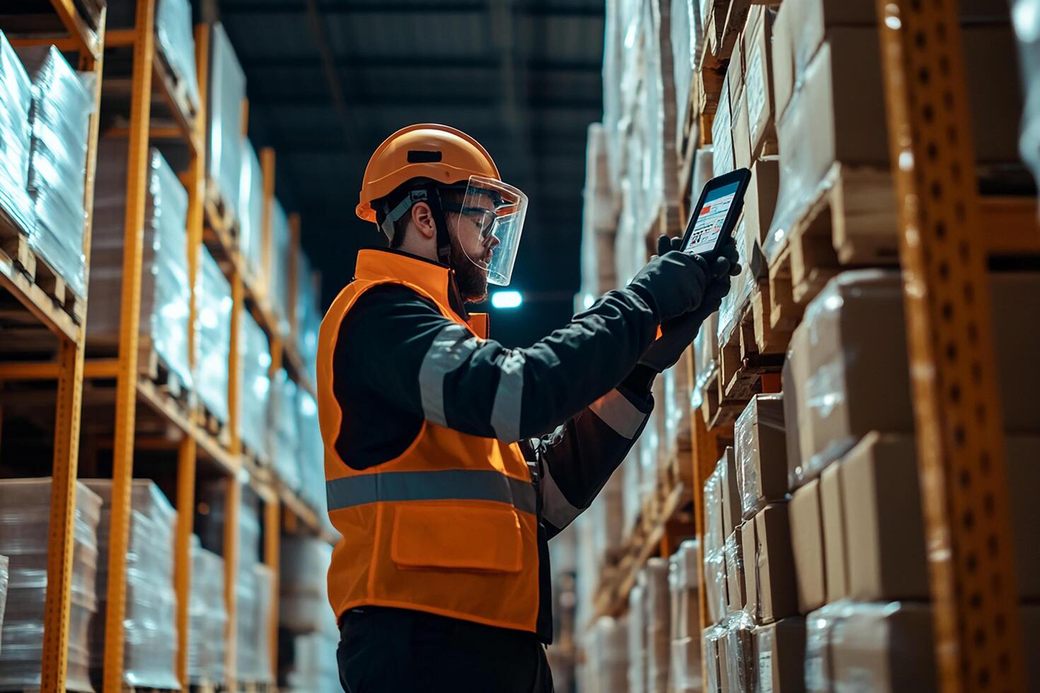 A man in an orange vest and hard hat is using a tablet in a warehouse photo