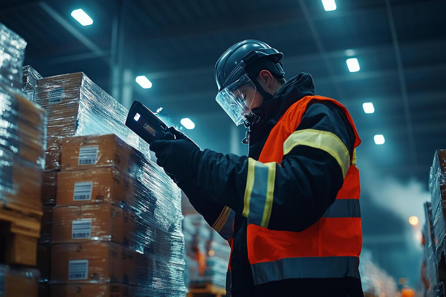 A worker in an industrial warehouse using a tablet photo