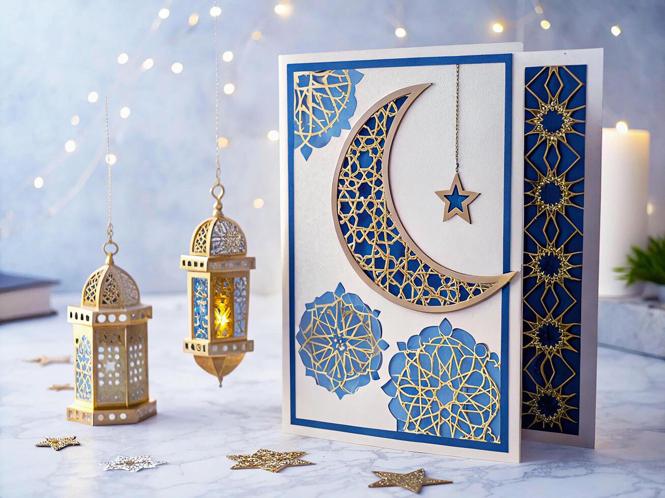 Elegant Eid Greeting Card with Crescent Moon and Lanterns photo