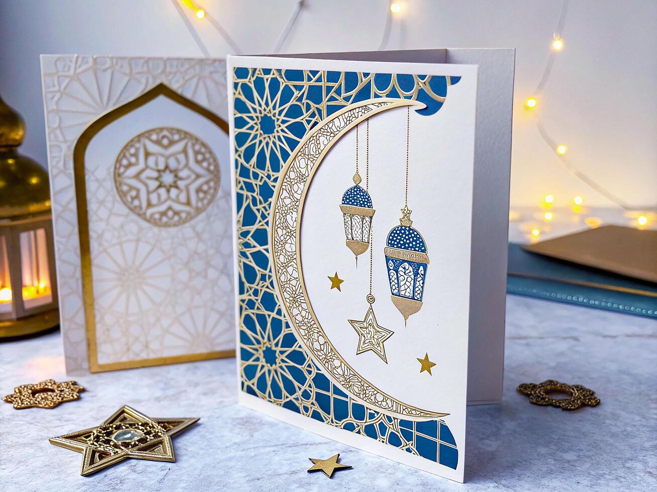 Festive Islamic Card Design with Golden and Blue Patterns photo