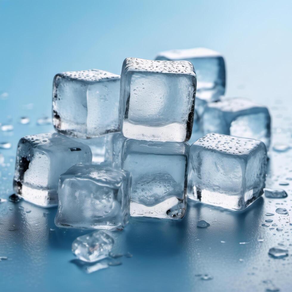 Ice cubes close-up isolated on blue background. Cocktail design element photo