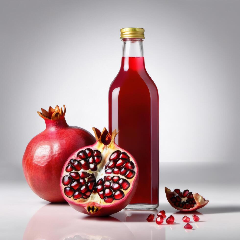 Fresh pomegranate juice in a bottle, grenadine. Ripe pomegranate isolated on a light background. Whole fruit and pieces close-up. Element of packaging and advertising design photo