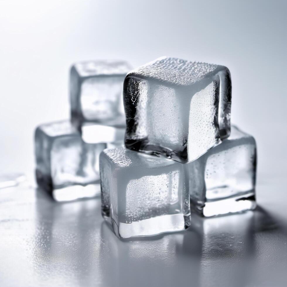 Ice cubes close-up isolated on white background. Cocktail design element photo