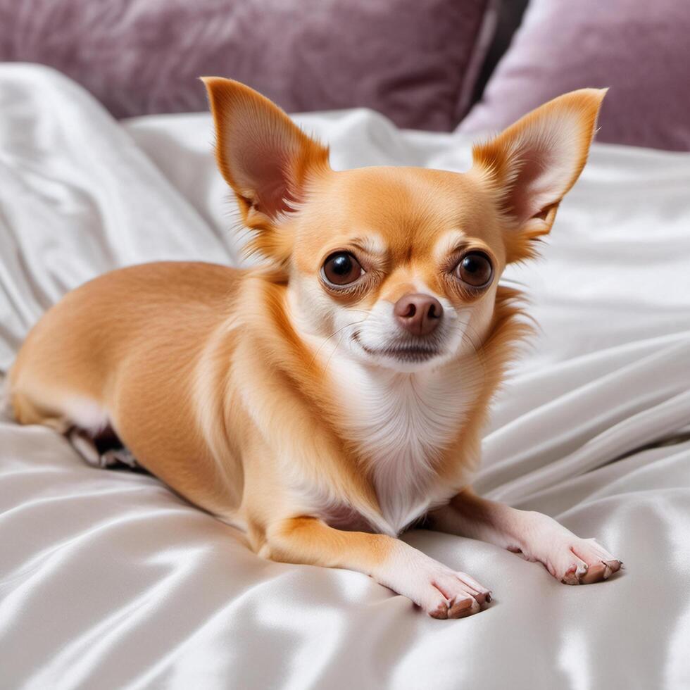 Cute Chihuahua close-up. Beautiful portrait of a purebred dog on a silk pillow. Pet images for advertising and postcard design photo