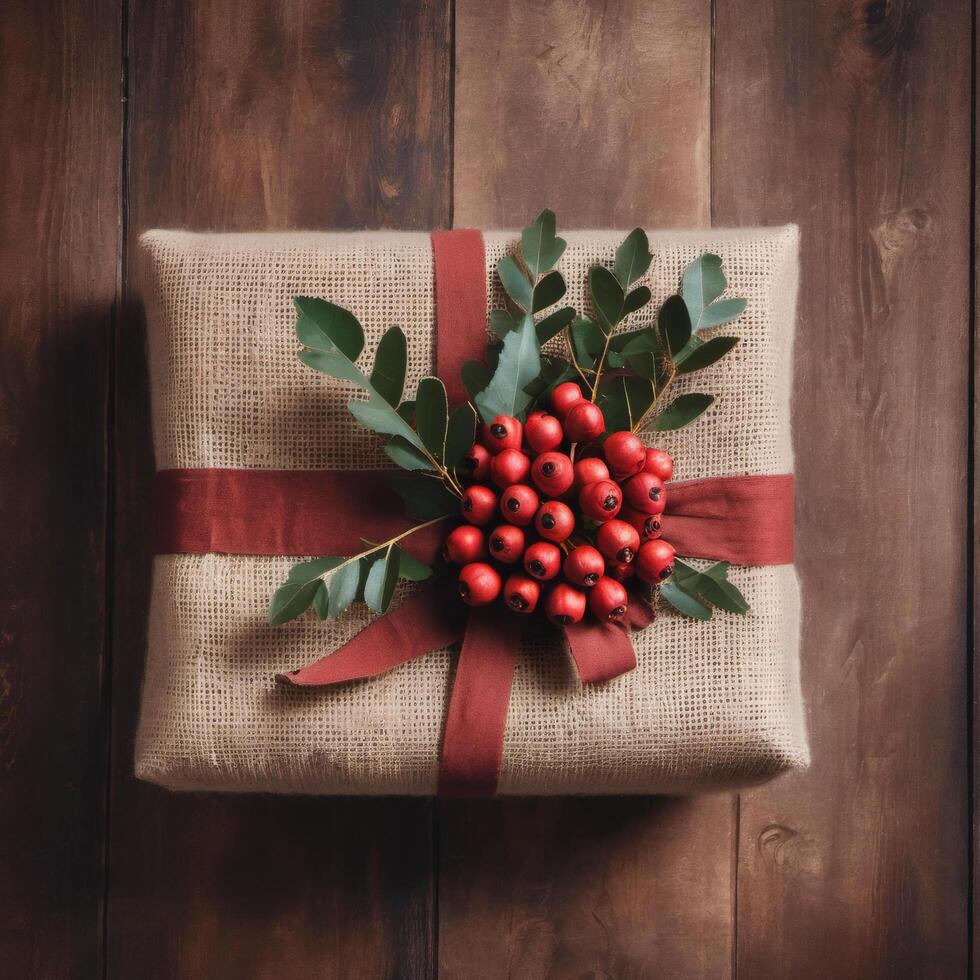 Close-up gift in minimalist craft packaging. Handmade. Rustic design. Natural material photo