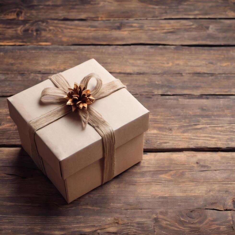 Gift in minimalist craft packaging close-up. Handmade. Rustic design, wooden table. Natural material photo