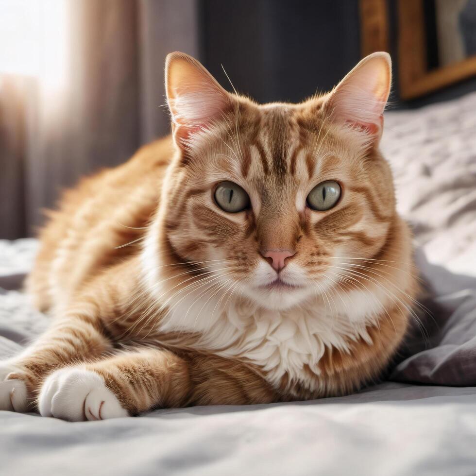 Summer portrait of fluffy ginger cat close-up. Pet lying on bed. Cute animal image photo