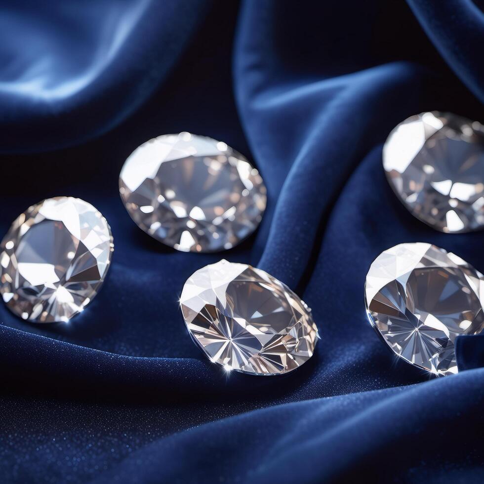 Close-up diamonds scattered on a navy blue velvet. Image for jewelry business photo