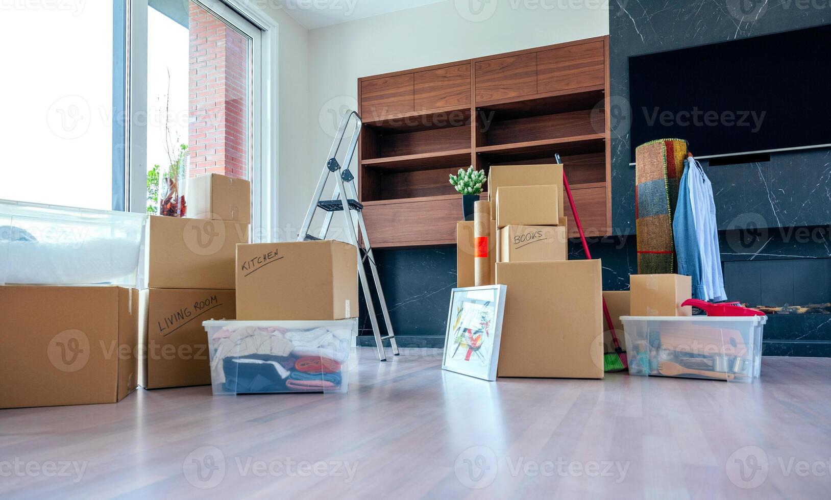 Living room with moving boxes photo