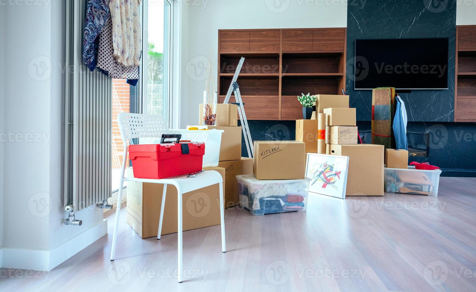 Living room with moving boxes photo