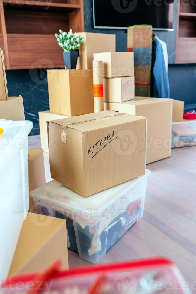 Living room with stack of moving boxes photo