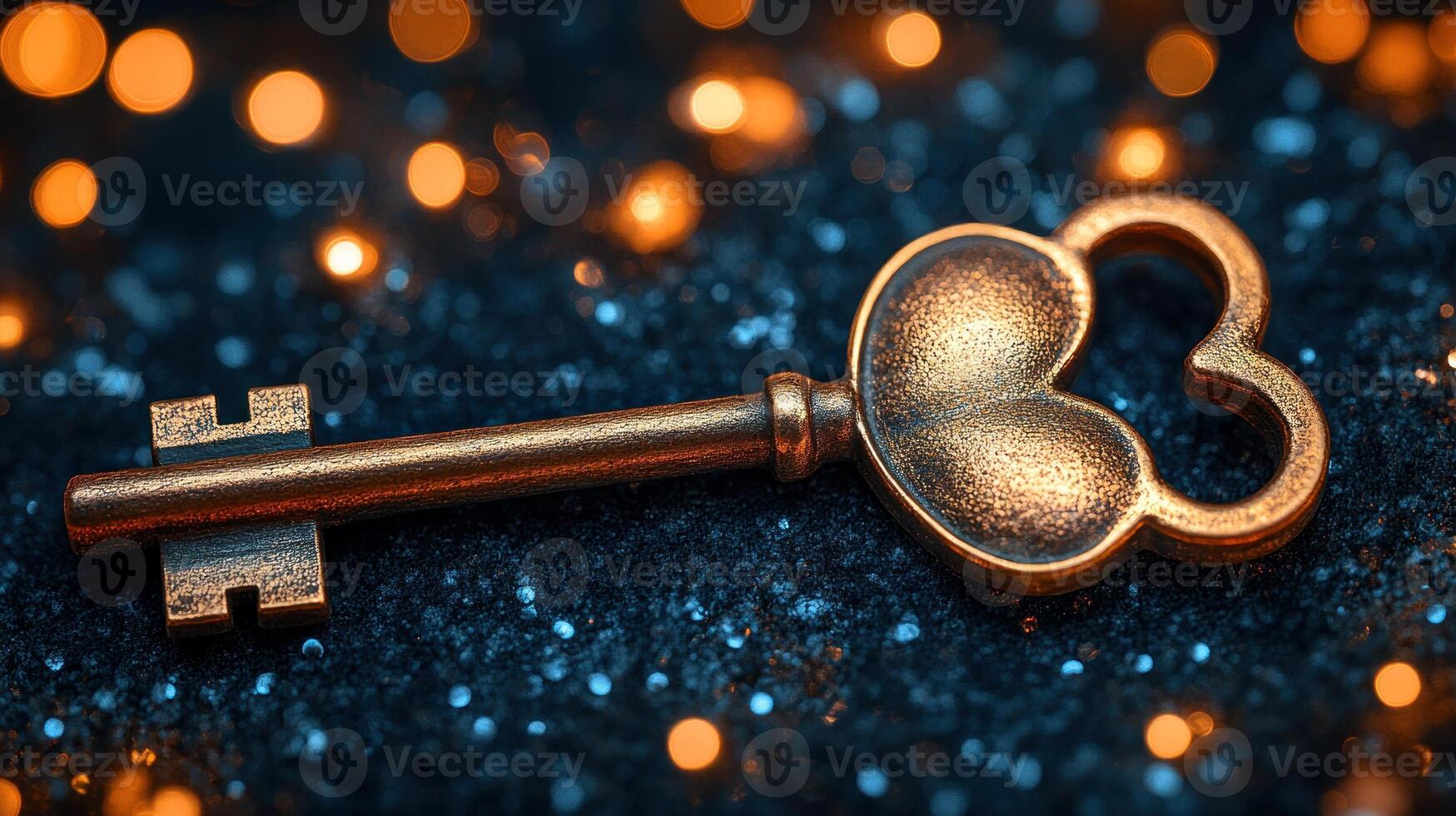 Antique heart-shaped key on sparkly background. photo