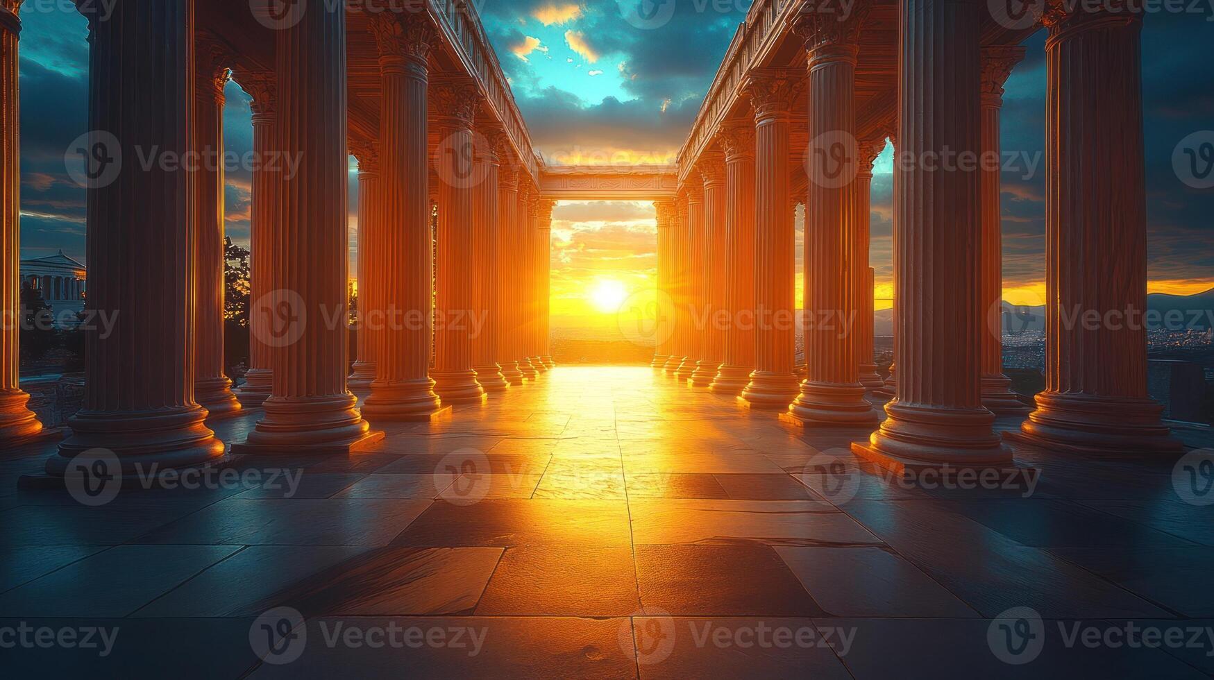Sunset view through ancient columns. photo