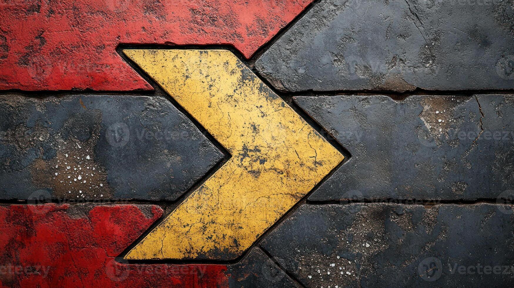 Worn yellow arrow on red and gray stone pavement. photo