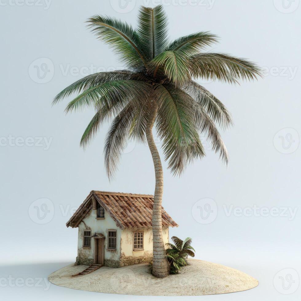 Small beach hut beside a palm tree on a tiny island. photo