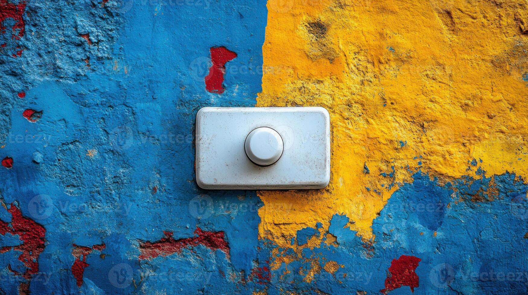 White button on blue and yellow wall. photo