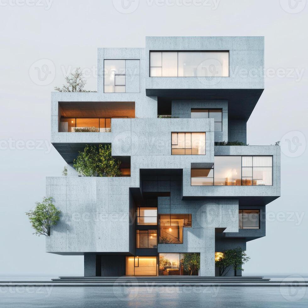 Abstract concrete building with overlapping geometric design, showcasing apartments with lit windows, balconies, and integrated greenery. photo