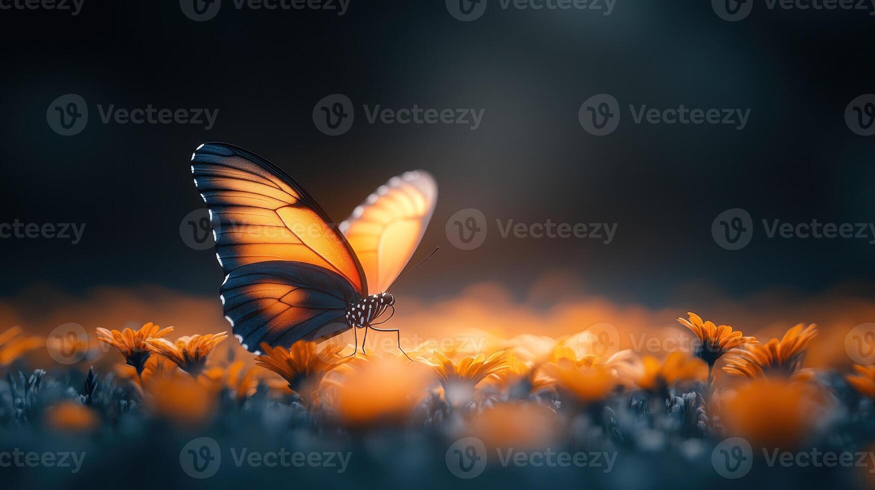 Glowing butterfly on orange flowers at night. photo