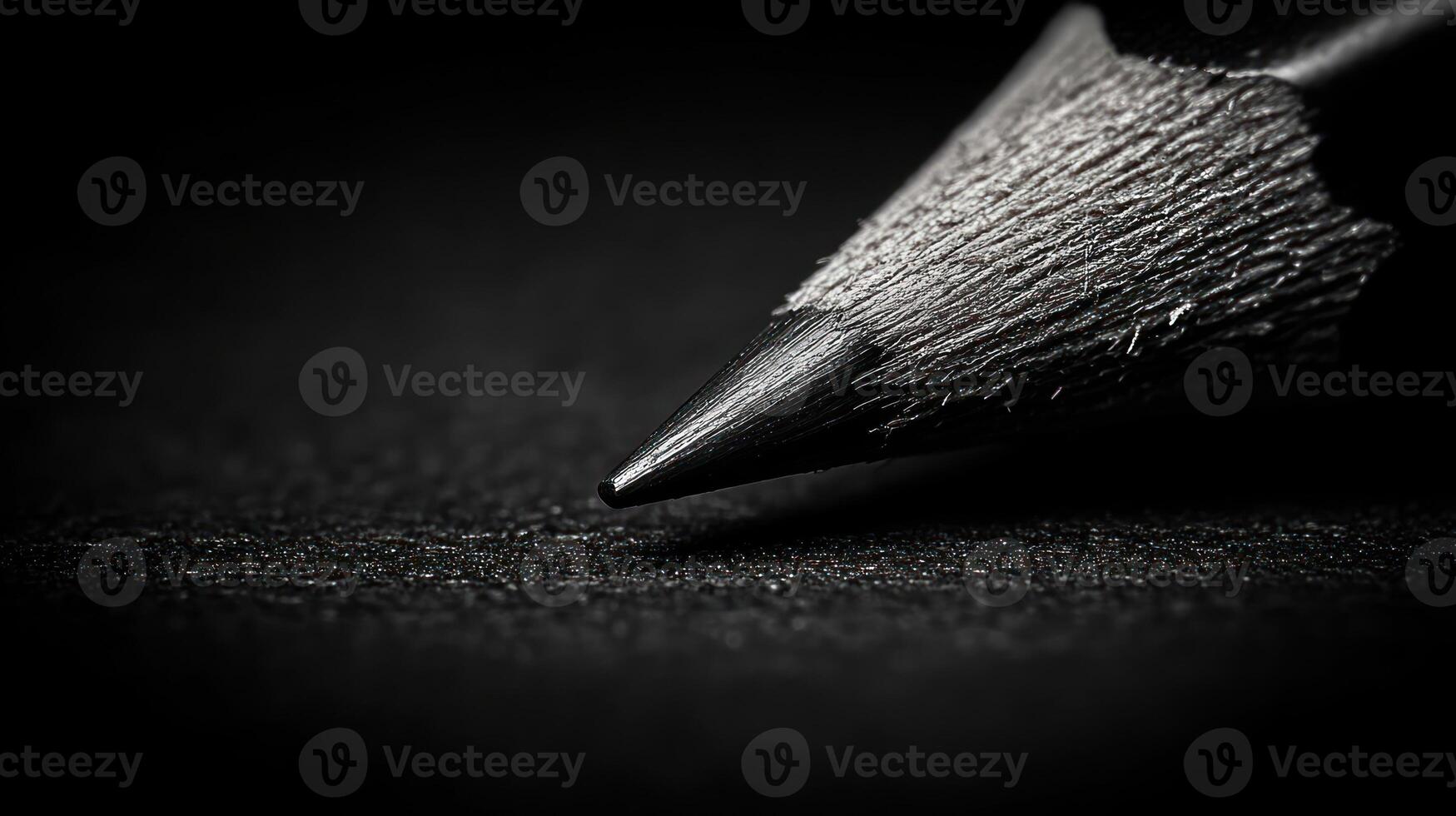 Close-up of sharpened black pencil point on dark surface. photo