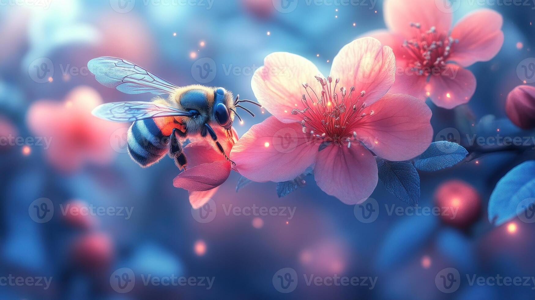 Bee pollinating delicate pink blossom. photo
